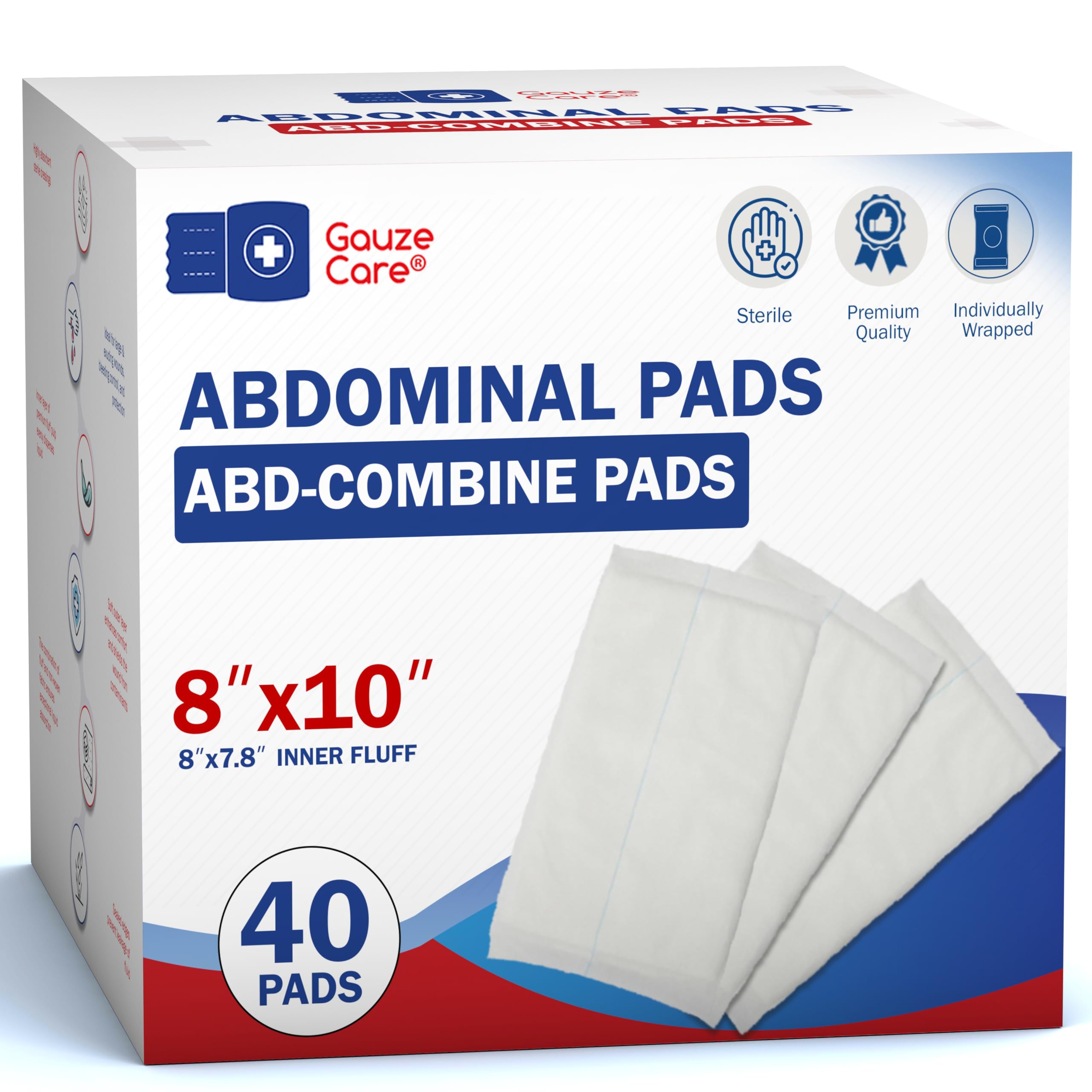 Gauze Care paquete frontal mostrando 40 unidades y tamaño 8x10 pulgadas, control fiable