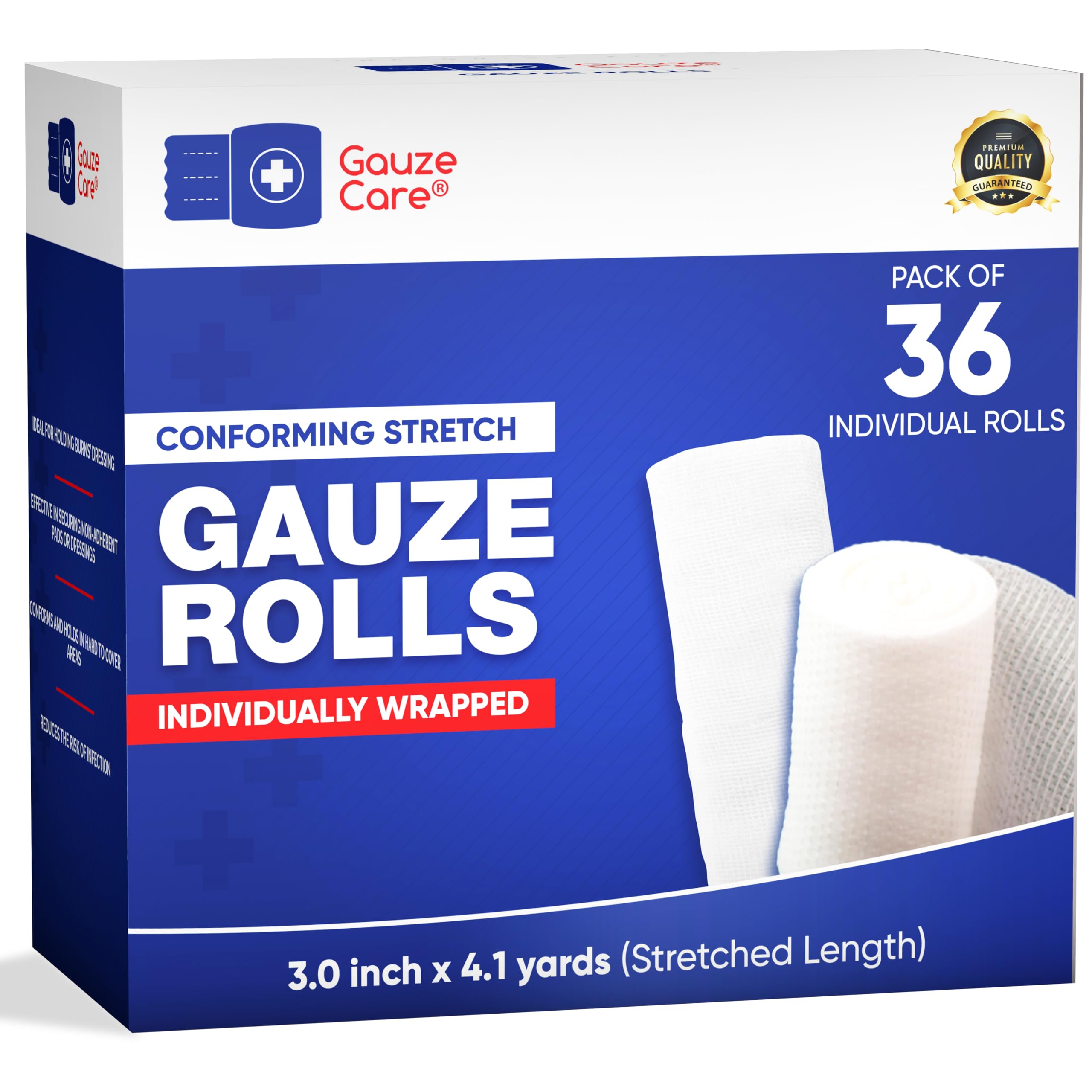 Gauze Care vista frontal del rollo con empaque mostrando cantidad