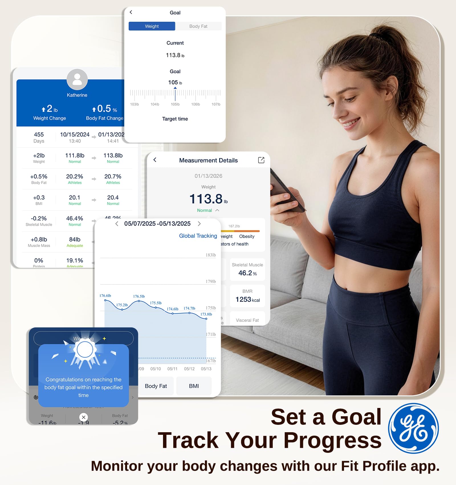 GE app Fit Profile en móvil mostrando historial y gráficas