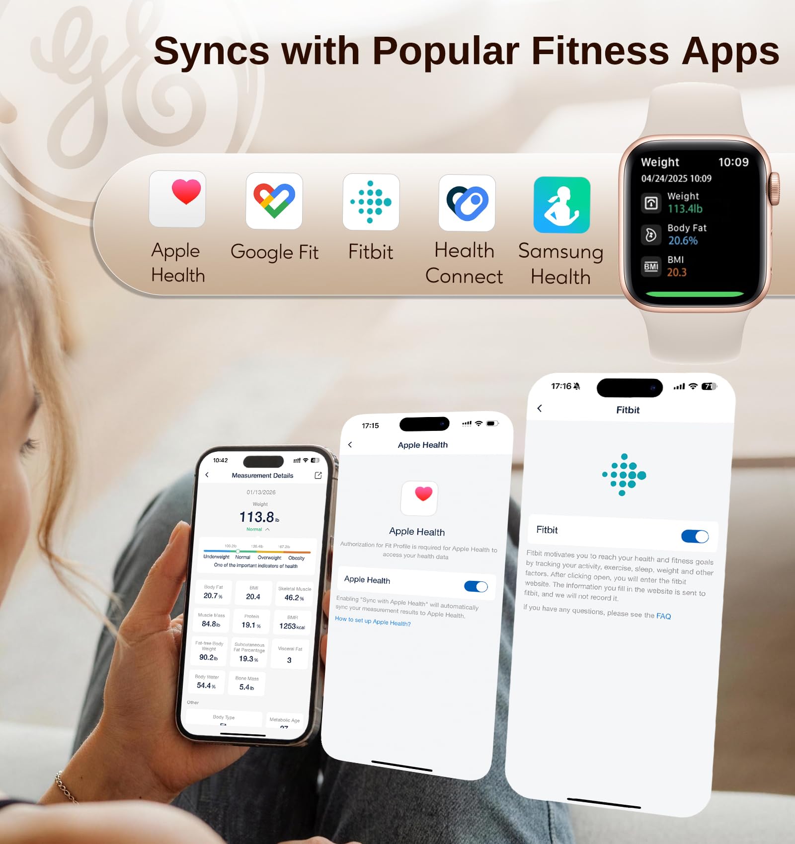 Pantalla del móvil con app Fit Profile sincronizada con la báscula GE