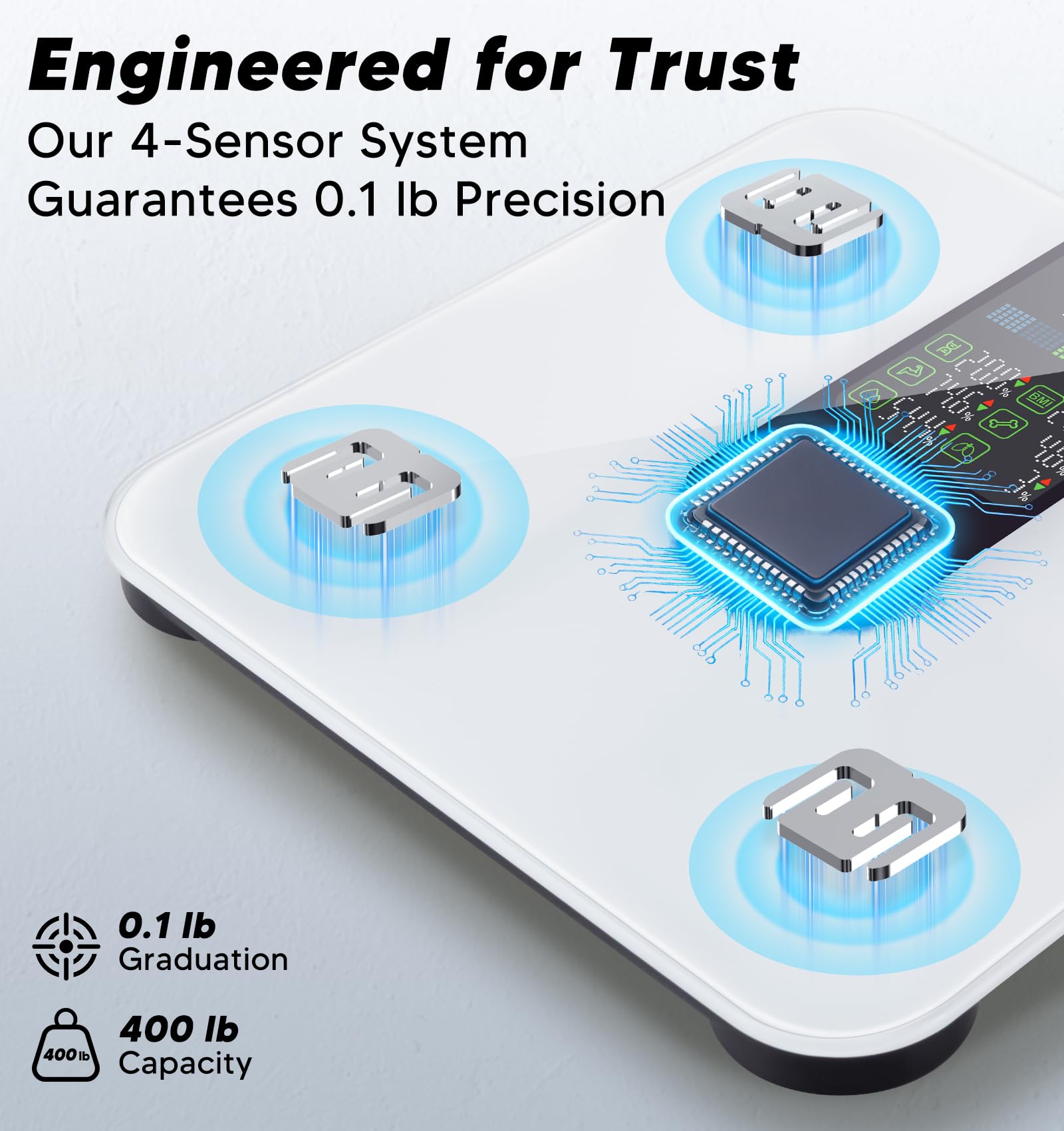 GE persona subiendo a la báscula para medir composición corporal