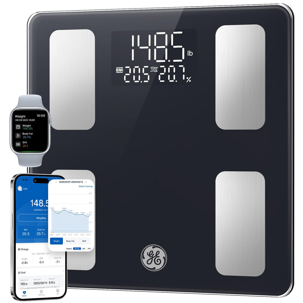 GE báscula frontal con pantalla LED grande mostrando peso, lectura clara al instante