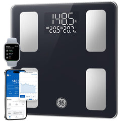 GE báscula frontal con pantalla LED grande mostrando peso, lectura clara al instante