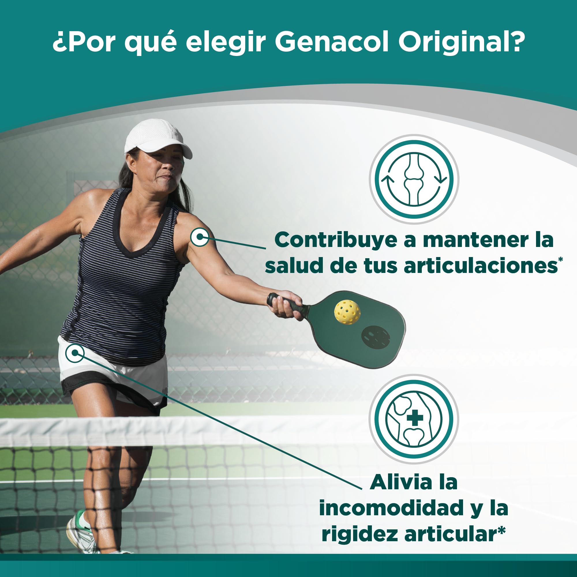 Lista de ingredientes Genacol mostrando componentes naturales y sin GMO
