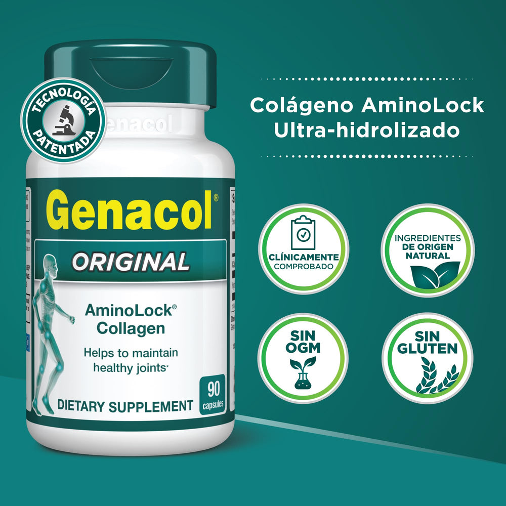 Genacol frasco en mano indicando tamaño real y suministro para dos meses
