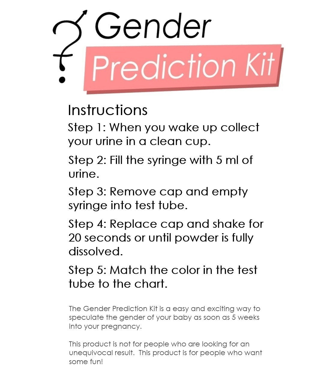 Gender Prediction Kit detalle cambio de color del reactivo, indica resultado visible rápido