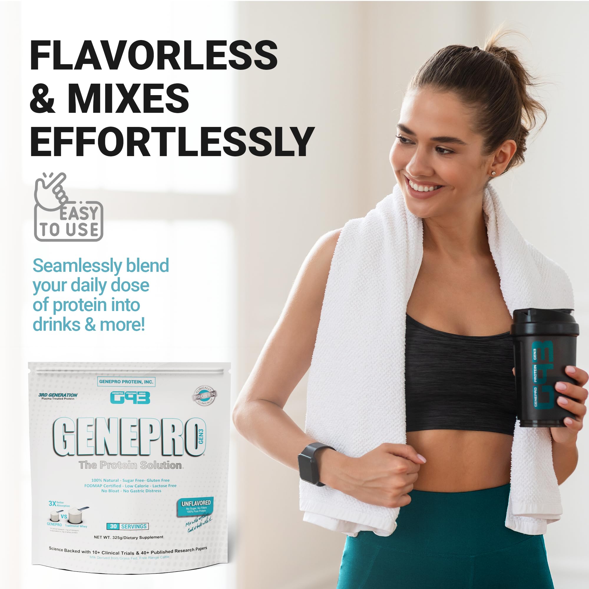 GENEPRO GEN. 3 en bolsa de gimnasio ilustrando uso deportivo y recuperación