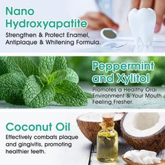 Generic etiqueta con ingredientes y nano hidroxiapatita destacada, transparencia formulación