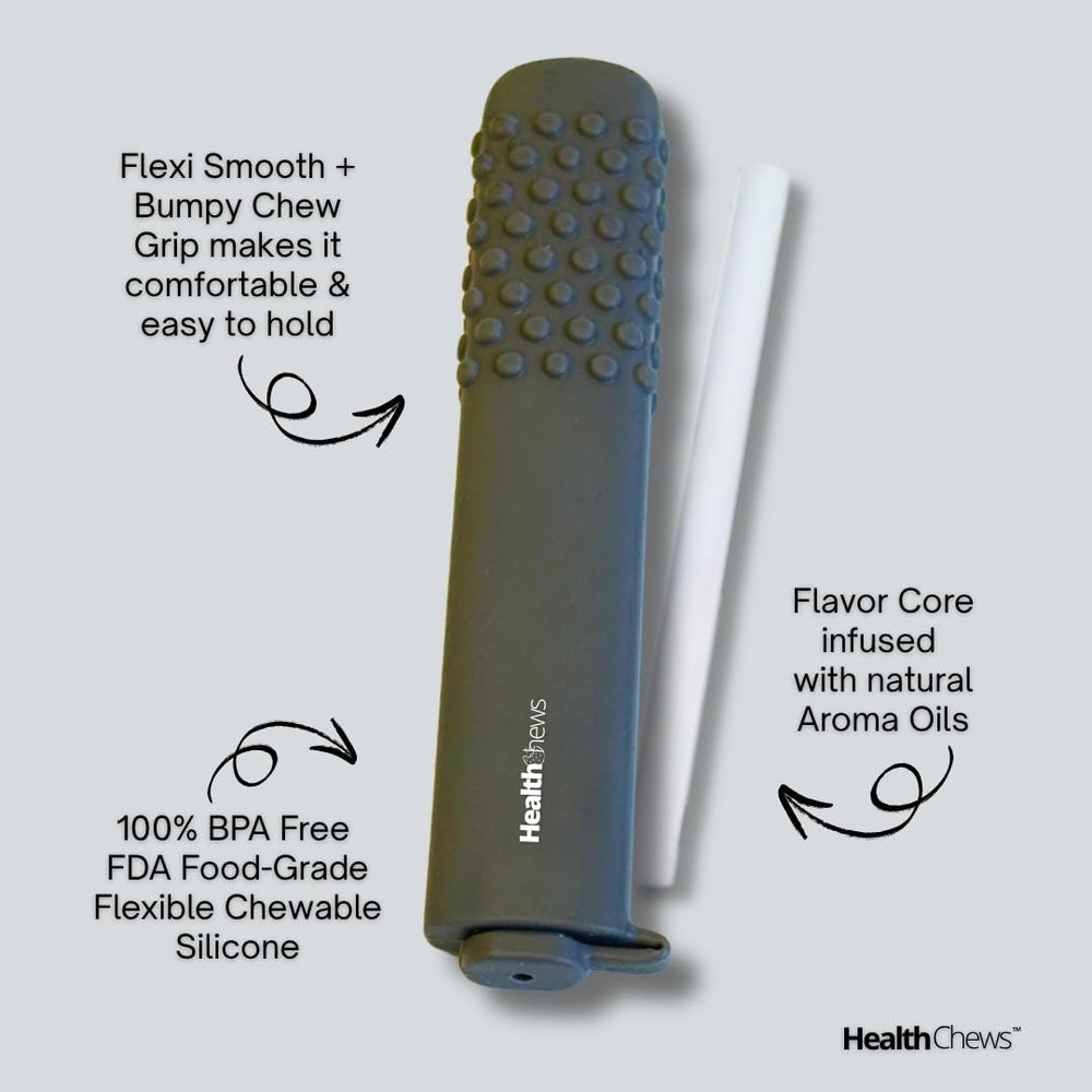 Generic palito Minty Cane en uso persona masticando discreción y alivio táctil