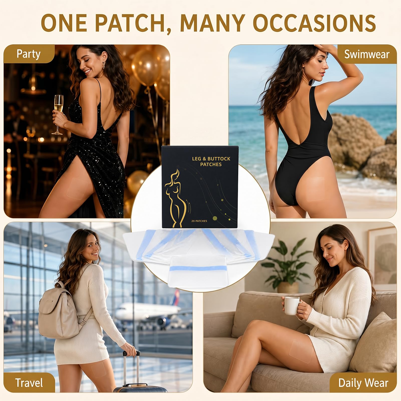 Generic parche lifting estilo de vida con vestido mostrando resultado final y beneficio confianza