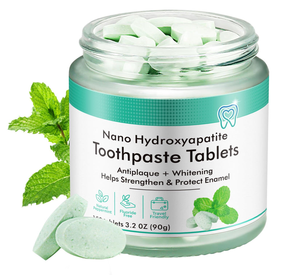 Generic envase frontal de Tabletas de pasta dental Natural Peppermint mostrando 150 tabletas y diseño reutilizable