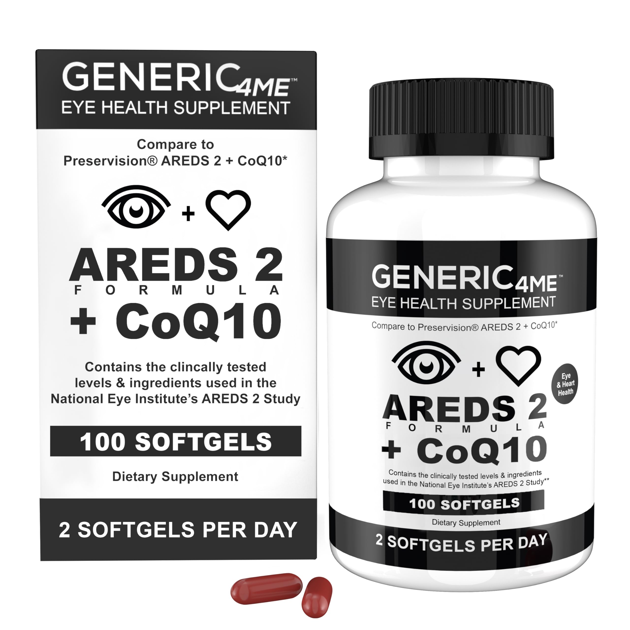 Generic4ME envase frontal AREDS2 mostrando ingredientes clave y beneficio ocular