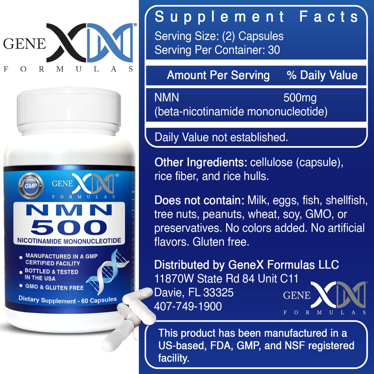 Genex Formulas etiqueta con información de dosis y certificaciones visibles