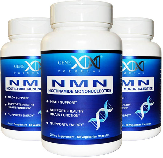 Genex Formulas frasco frontal mostrando pack de tres frascos y beneficio de respaldo