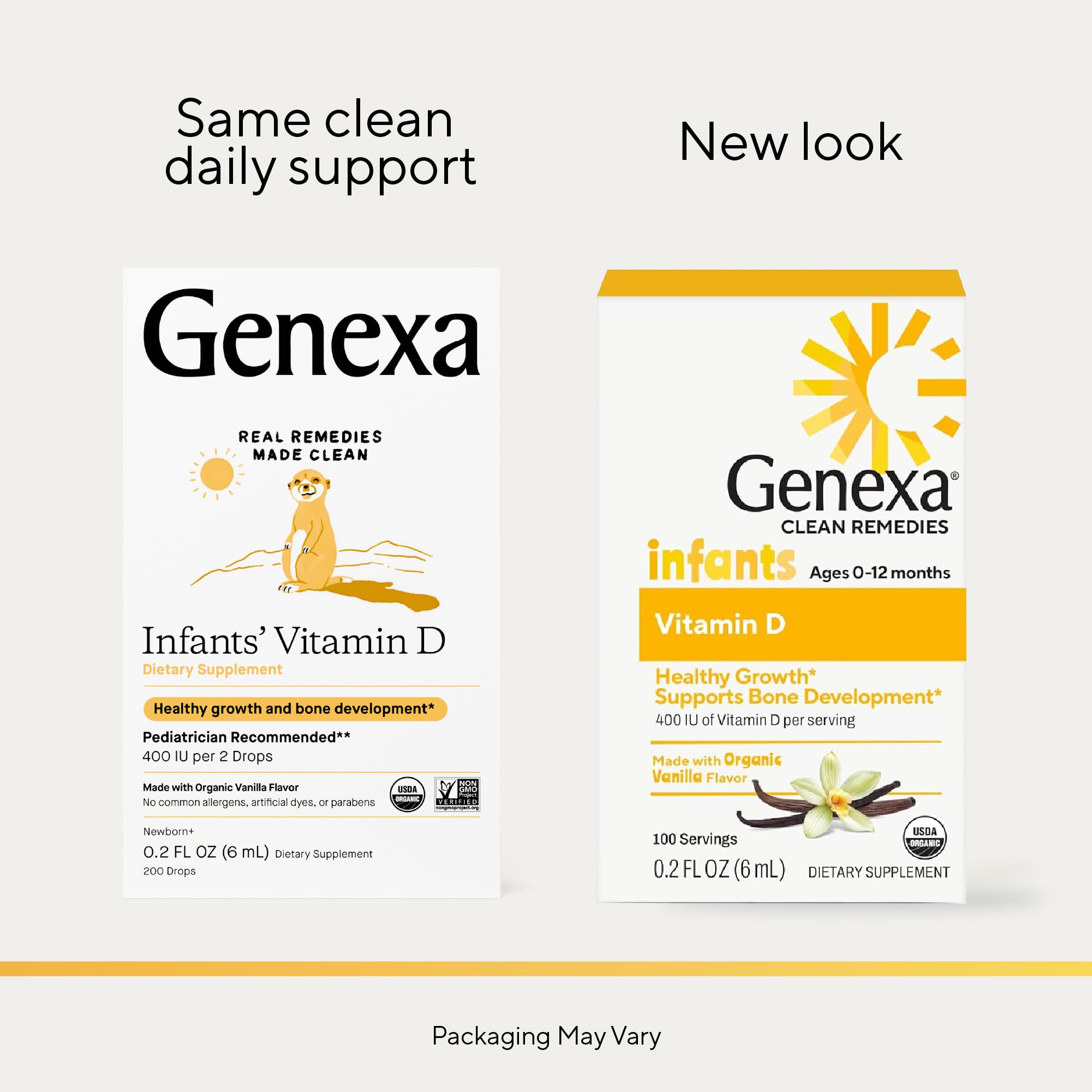 Genexa junto a vaina de vainilla orgánica señalando sabor natural