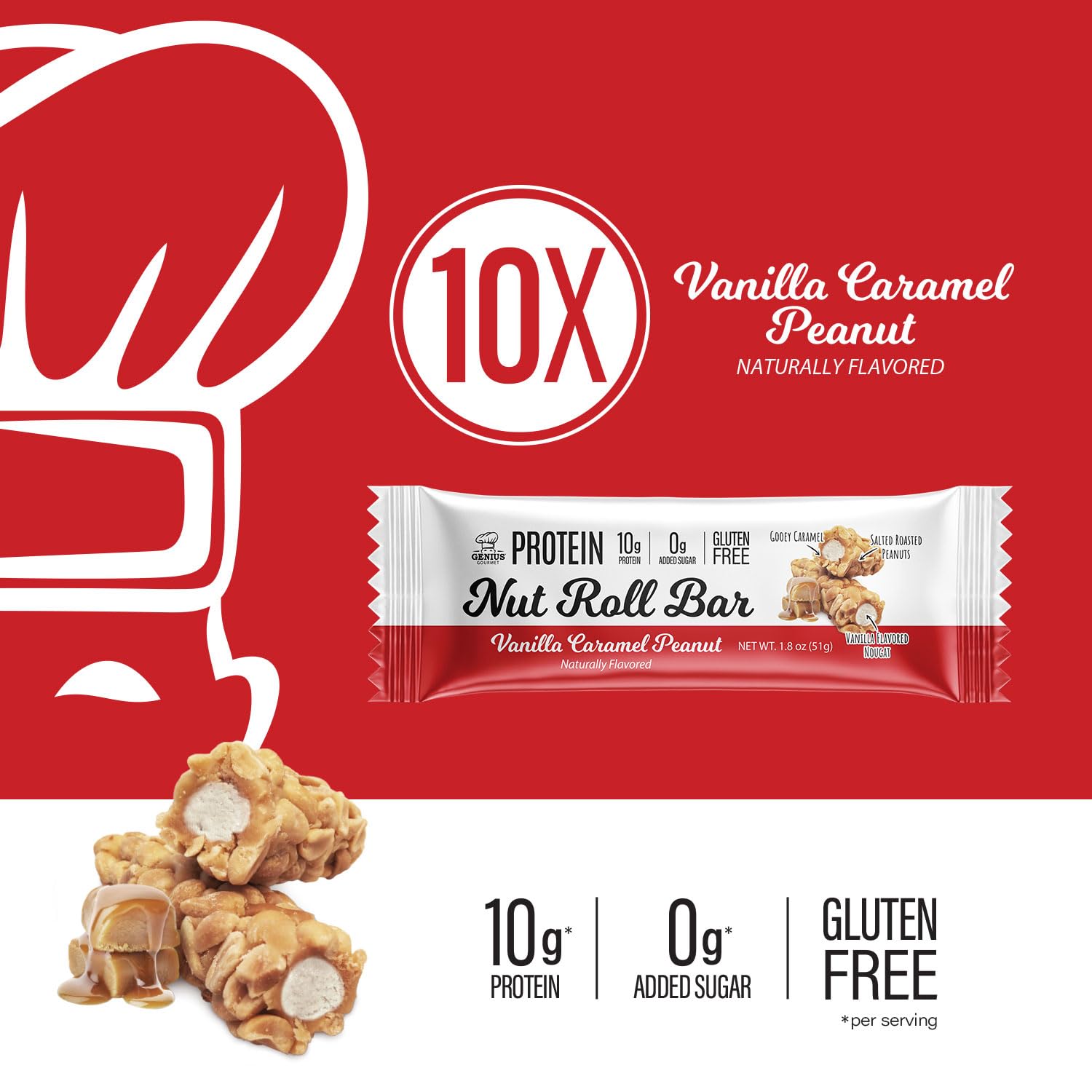 Genius Gourmet primer plano de la textura nougat y caramelo, visual apetecible y cremoso