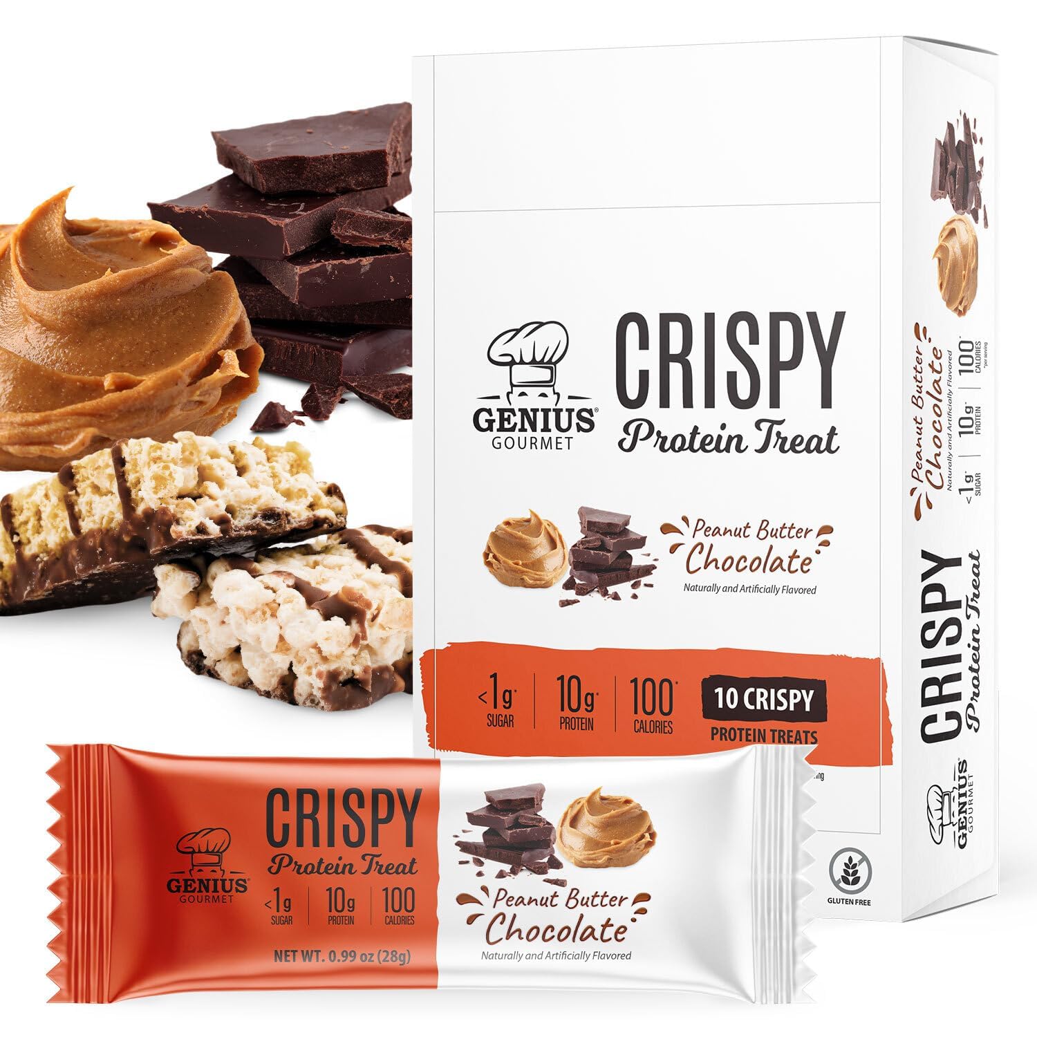 Genius Gourmet paquete frontal mostrando 10 barritas, ideal para snacks saludables