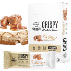 Genius Gourmet empaque frontal mostrando sabor Salted Caramel y beneficio proteína