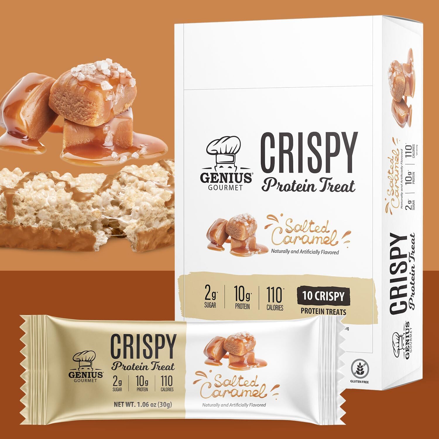 Genius Gourmet primer plano de crujiente resaltando textura sabrosa y baja azúcar