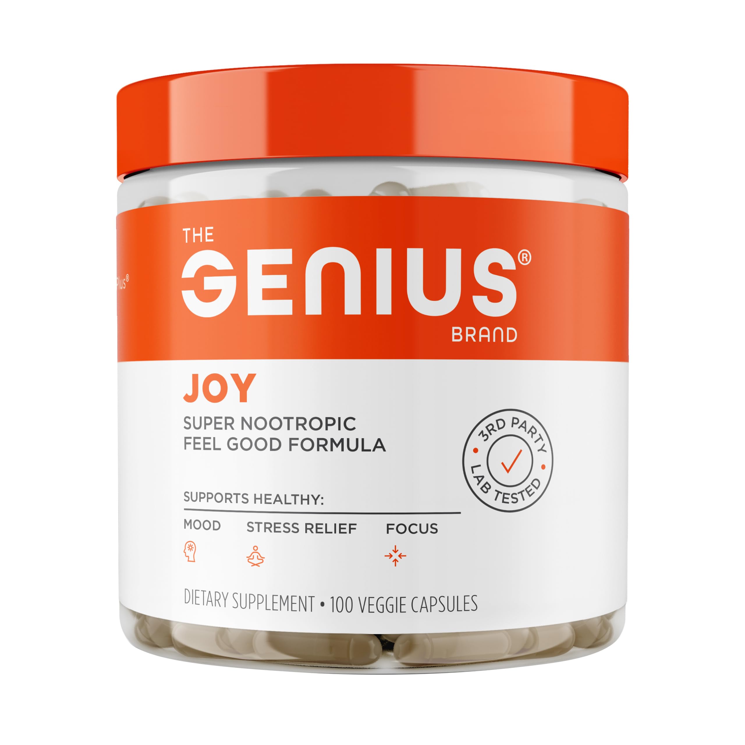 The Genius Brand frasco frontal mostrando 100 cápsulas y claridad de beneficios