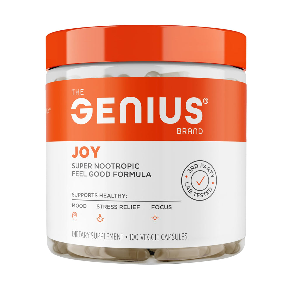 The Genius Brand frasco frontal mostrando 100 cápsulas y claridad de beneficios