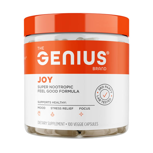 The Genius Brand frasco frontal mostrando 100 cápsulas y claridad de beneficios