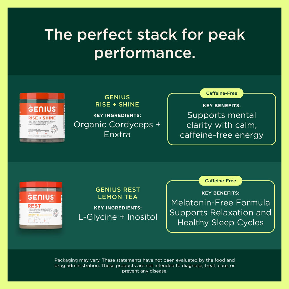 detalle de la etiqueta nutricional de Genius Mood+Focus con lista de ingredientes y beneficios