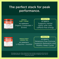 detalle de la etiqueta nutricional de Genius Mood+Focus con lista de ingredientes y beneficios