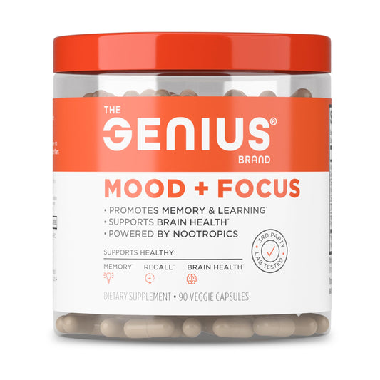 The Genius Brand bote frontal de Genius Mood+Focus mostrando 90 cápsulas y diseño claro