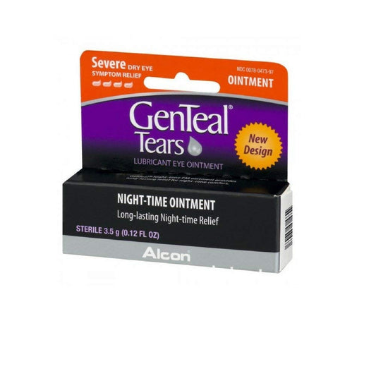 Genteal ungüento nocturno frente del tubo mostrando empaque y alivio prolongado
