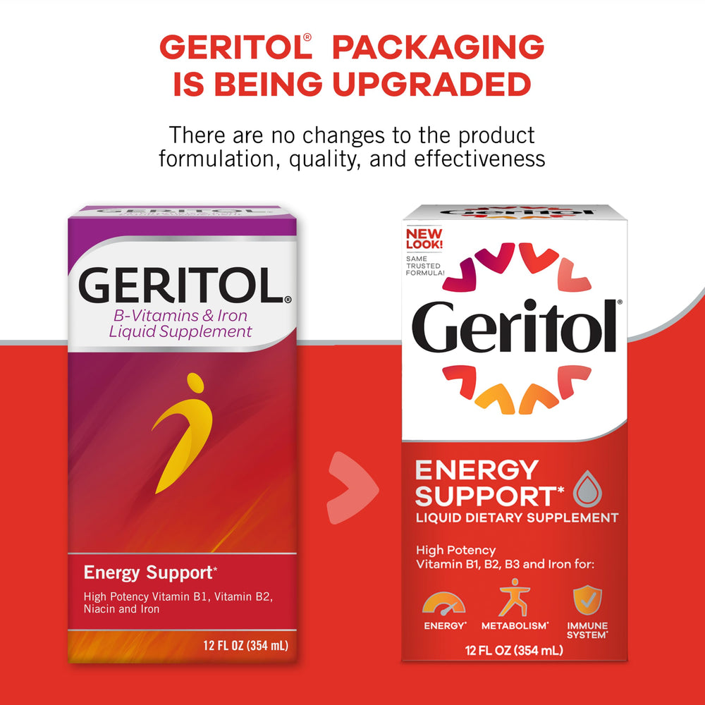 Geritol botella junto a objetos para comparar tamaño y dosis clara