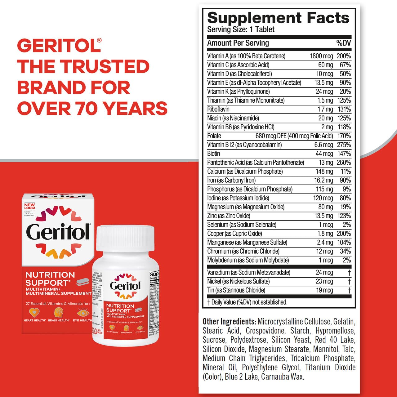 Geritol etiqueta nutricional muestra dosis y composición clara