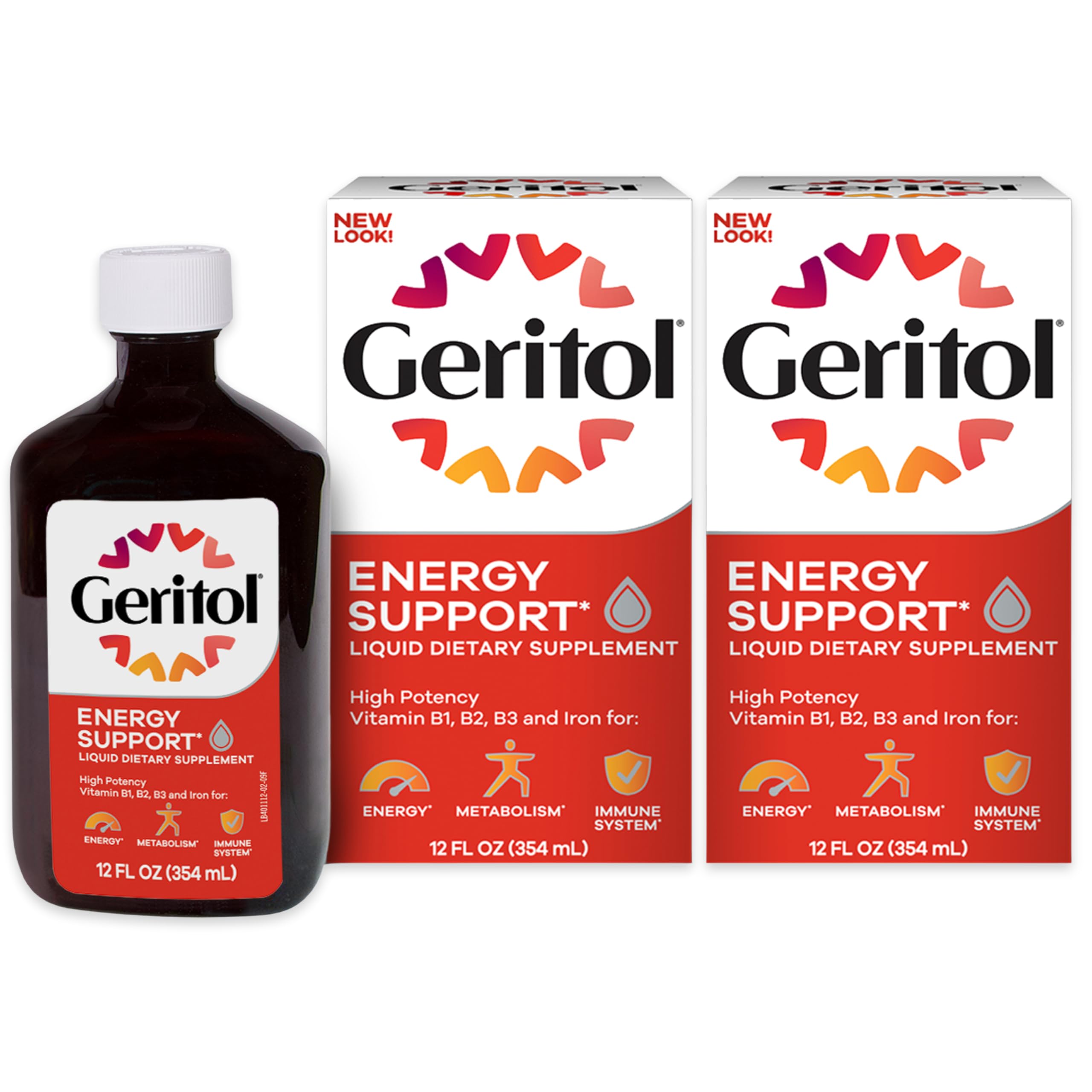 Geritol frente de botella mostrando formato y beneficio energético