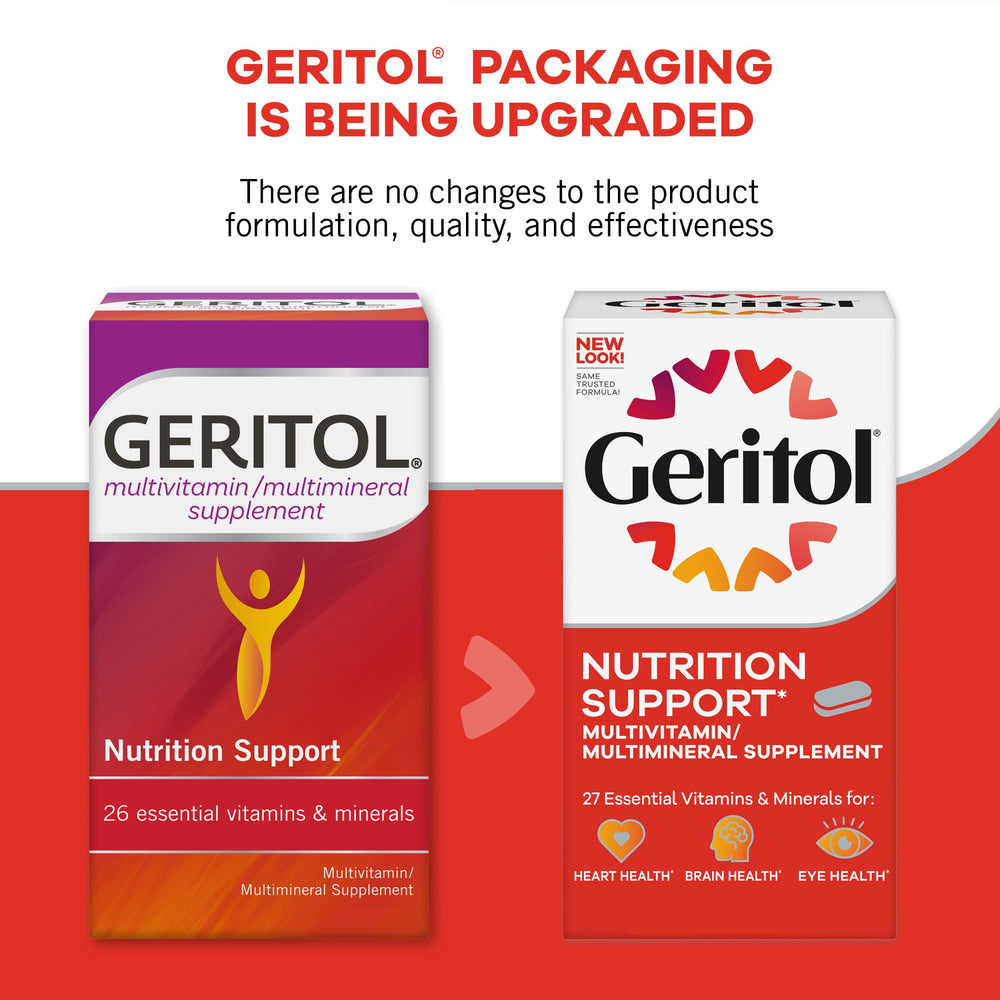 Etiqueta Geritol destacando lista de 27 vitaminas y minerales