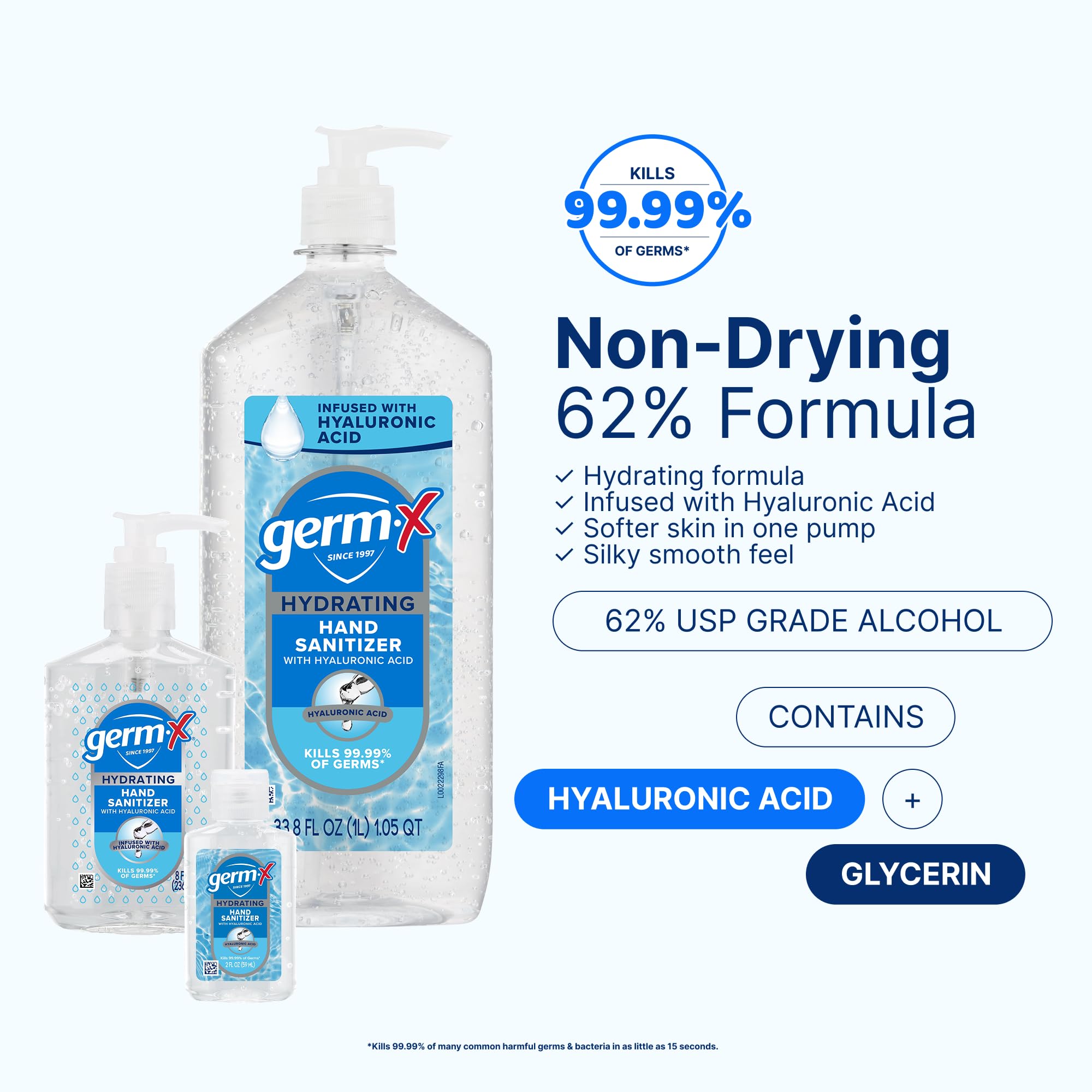 Germ-X botella junto a una mano para comparar tamaño y conveniencia