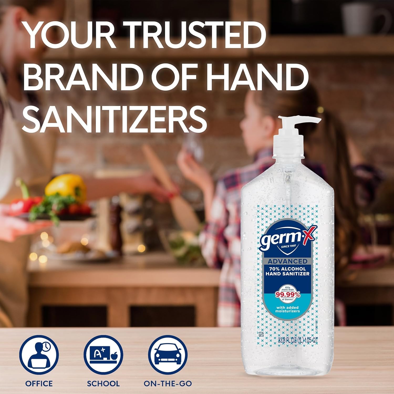Germ-X comparación con mano para visualizar tamaño y rendimiento