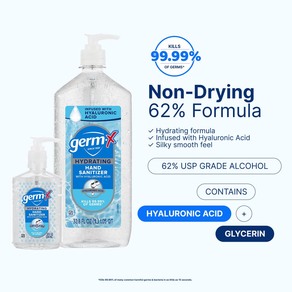 Germ-X escala de tamaño 1 L junto a manos para referencia