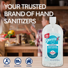 Germ-X comparación de tamaño junto a manos para mostrar escala y rendimiento