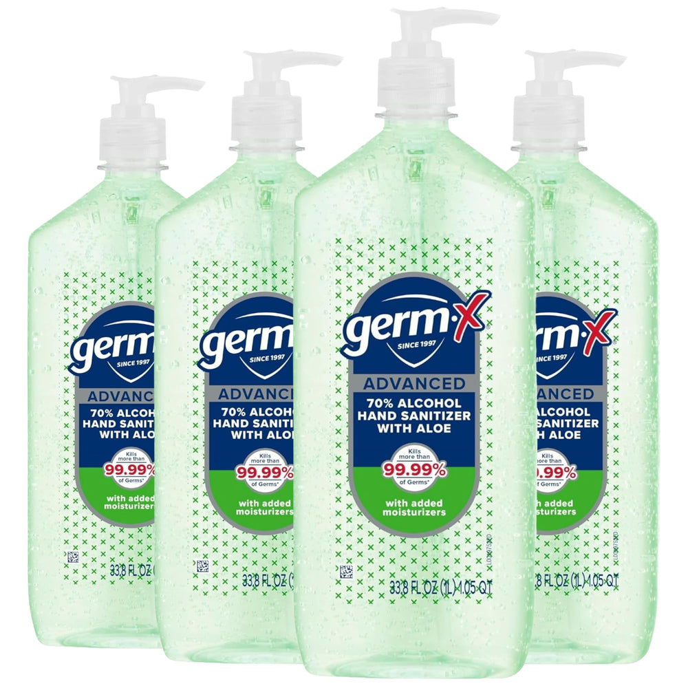 Germ-X envase frontal de 1 litro mostrando la marca y el beneficio de limpieza rápida