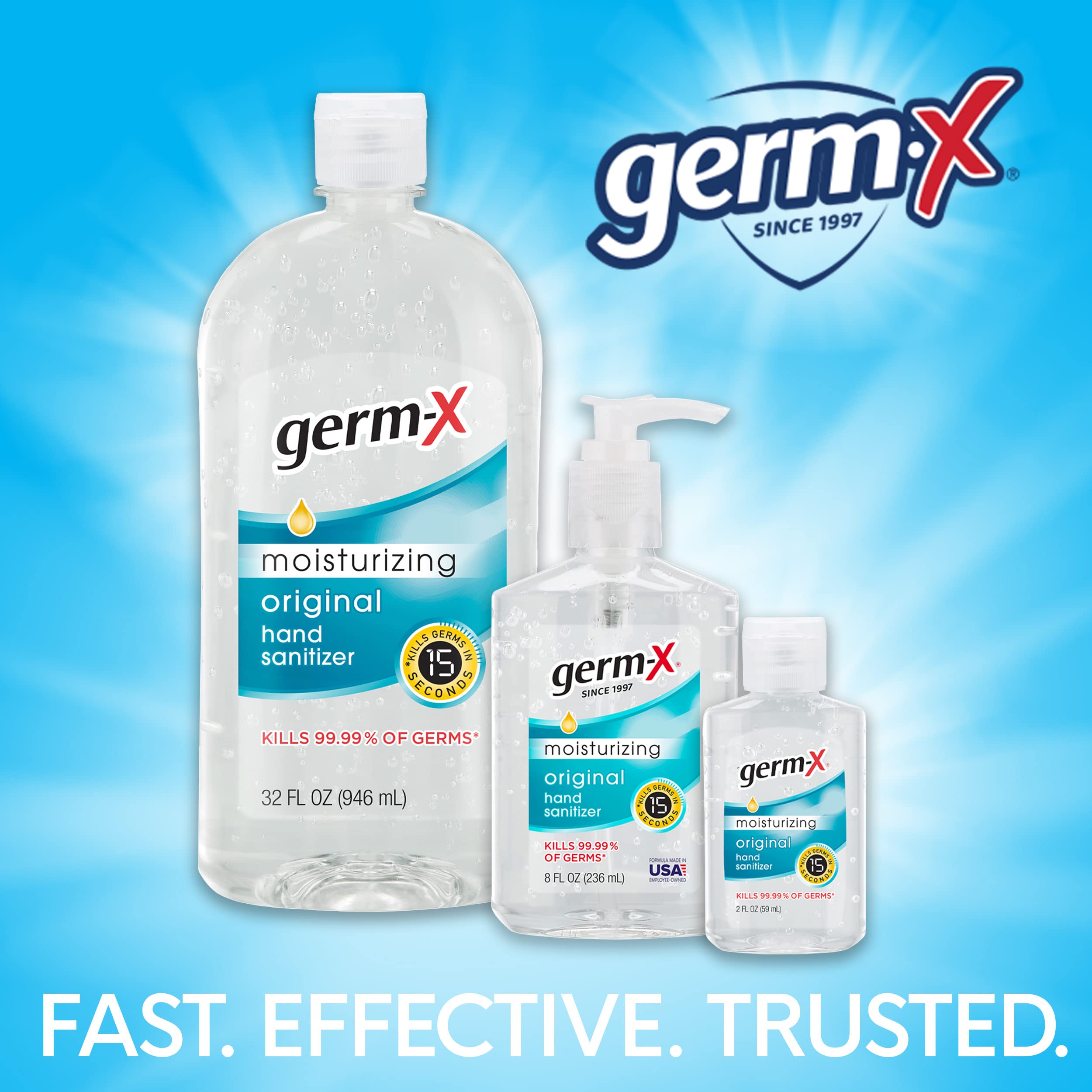 Germ‑X frascos apilados en escritorio, suministro conveniente para oficina