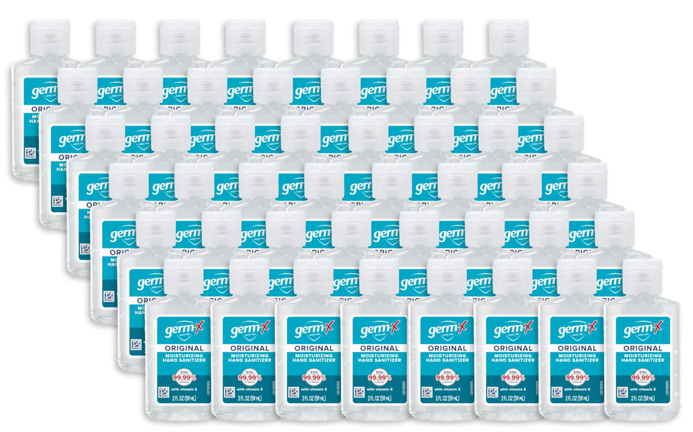 Germ-X frente del envase mostrando tamaño portátil y diseño práctico