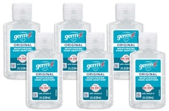 Germ-X frente del paquete de exhibición mostrando seis botellas, práctico para reposición