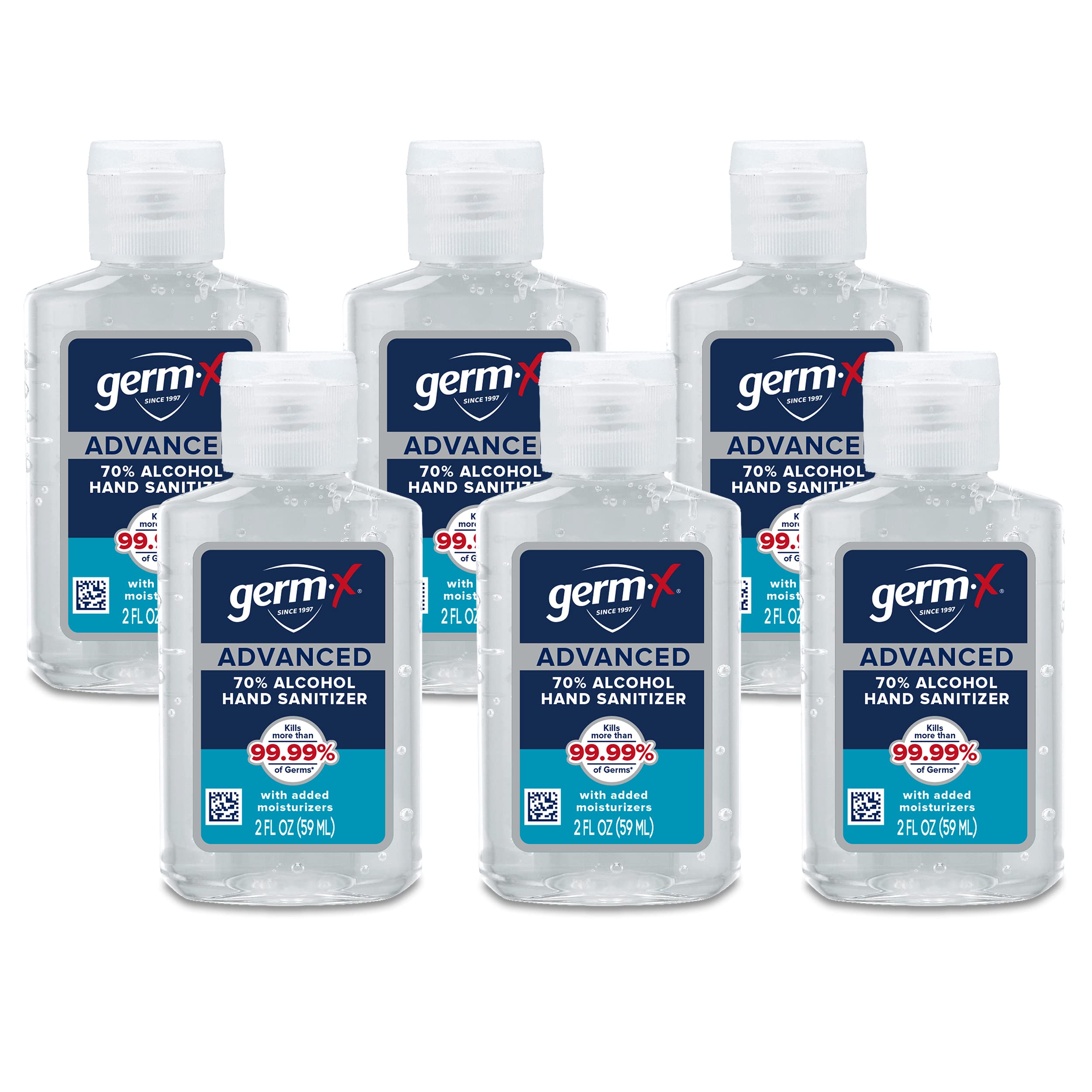 Germ-X botella frontal mostrando diseño y tamaño, facilita transporte seguro