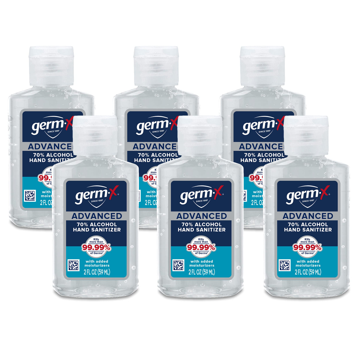 Germ-X botella frontal mostrando diseño y tamaño, facilita transporte seguro