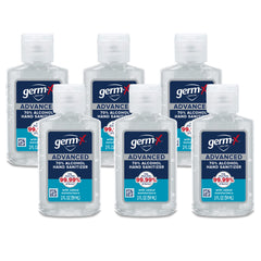 Germ-X botella frontal mostrando diseño y tamaño, facilita transporte seguro