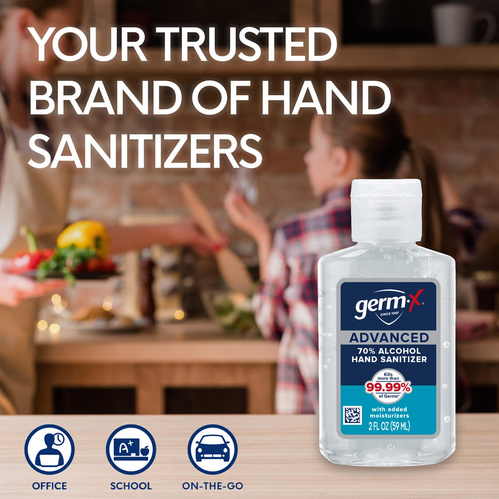 Germ-X en mano para comparar tamaño 2 fl oz, ideal para viajes y bolso