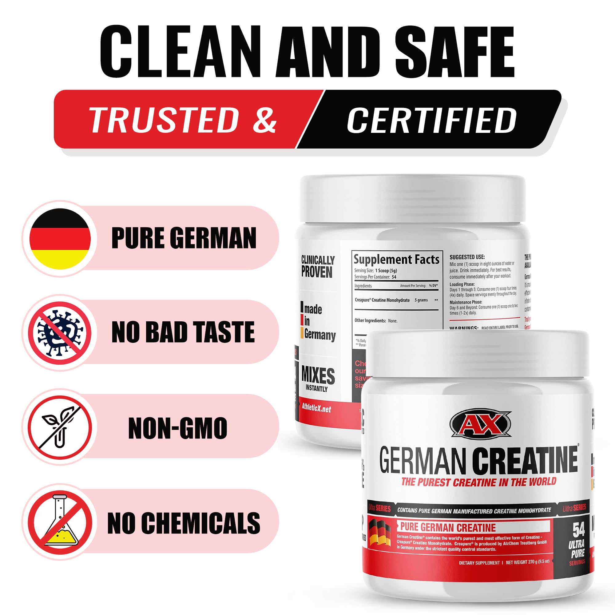 German Creatine polvo disuelto en agua mostrando mezcla homogénea