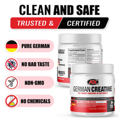 German Creatine polvo disuelto en agua mostrando mezcla homogénea