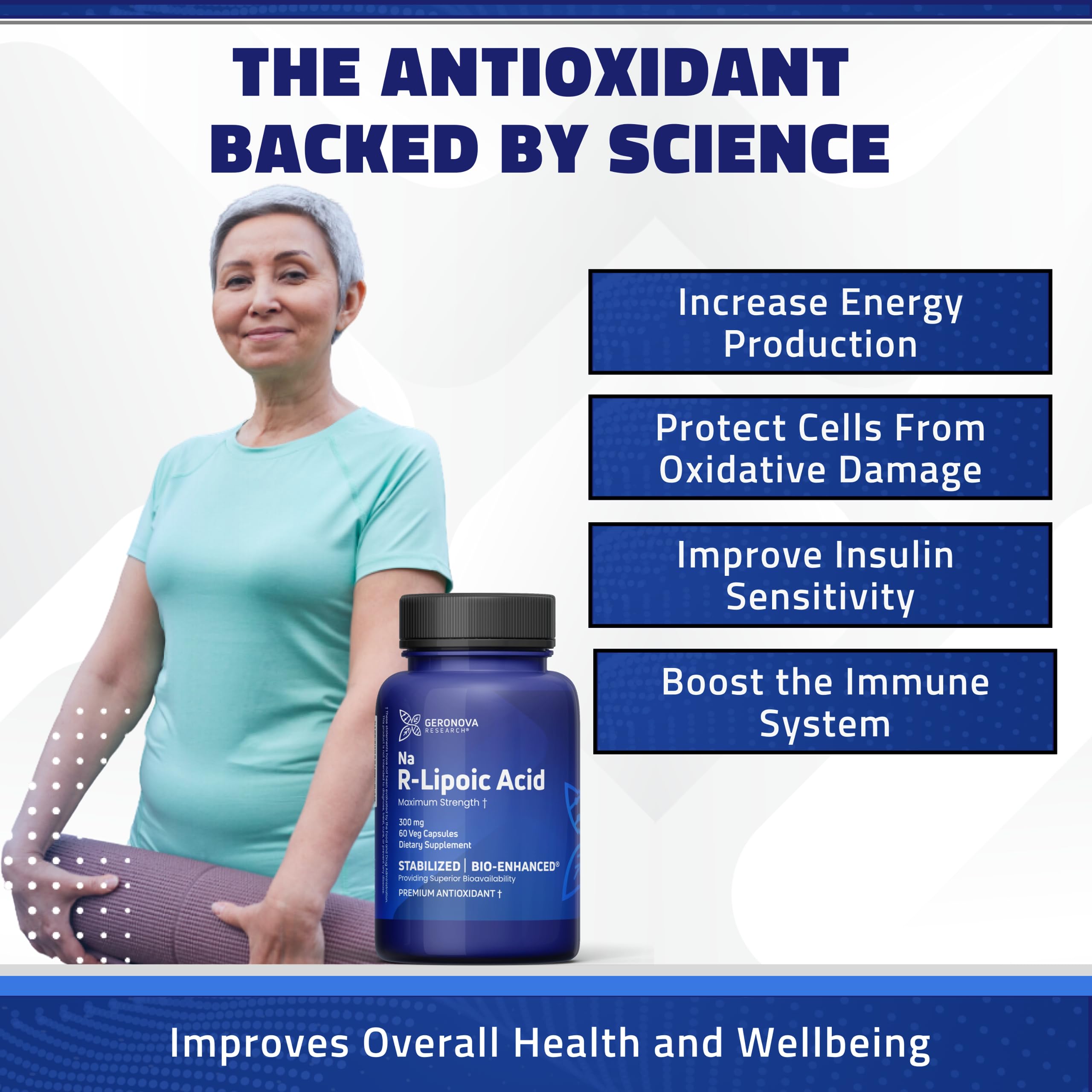 Caja exterior de Geronova Research R-Lipoico bio-mejorado, información clara de contenido