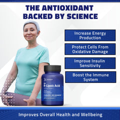 Caja exterior de Geronova Research R-Lipoico bio-mejorado, información clara de contenido